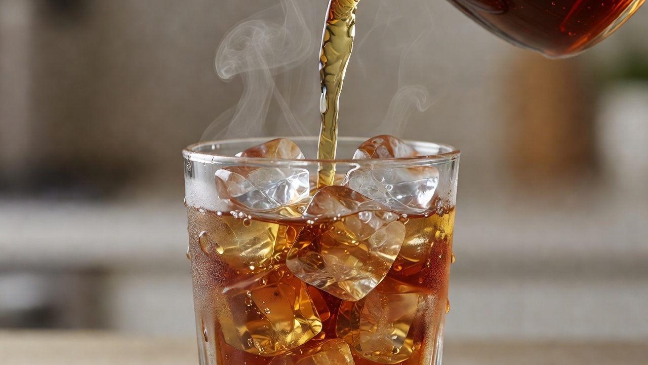 Stream of hot amber tea pouring onto a glass packed with ice, steam and meltwater visible in shallow focus