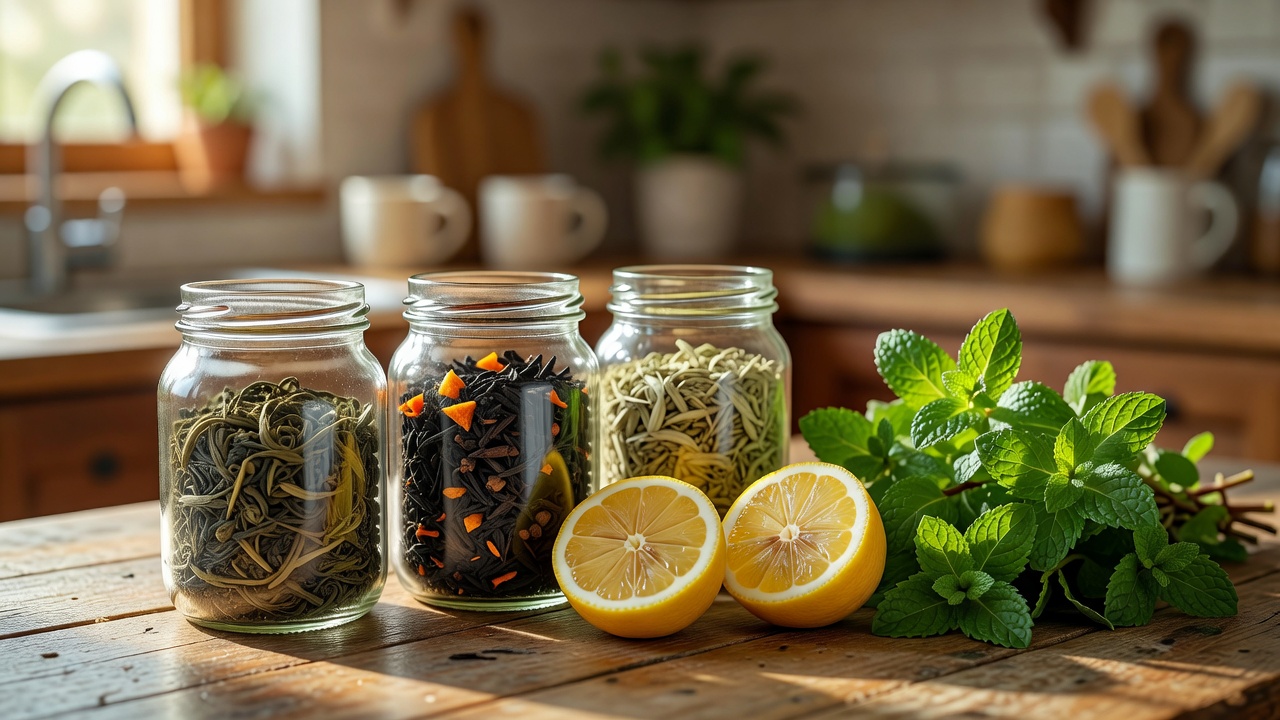 Sunlit kitchen counter with jars of loose-leaf tea, halved lemons and a bunch of fresh mint, photographed close with a soft background