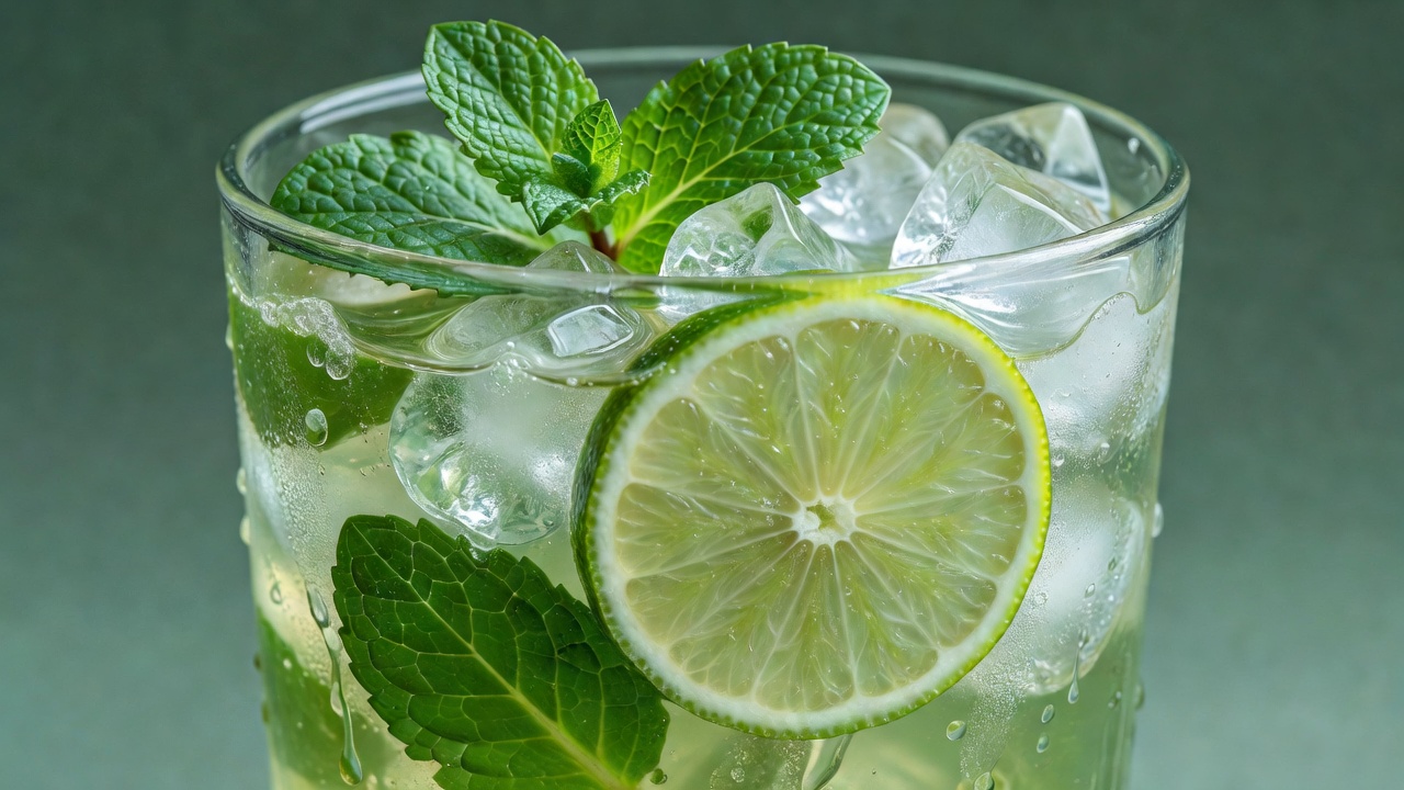 Close-up of fresh mint leaves and a lime wheel pressed against ice in a glass of pale green iced tea