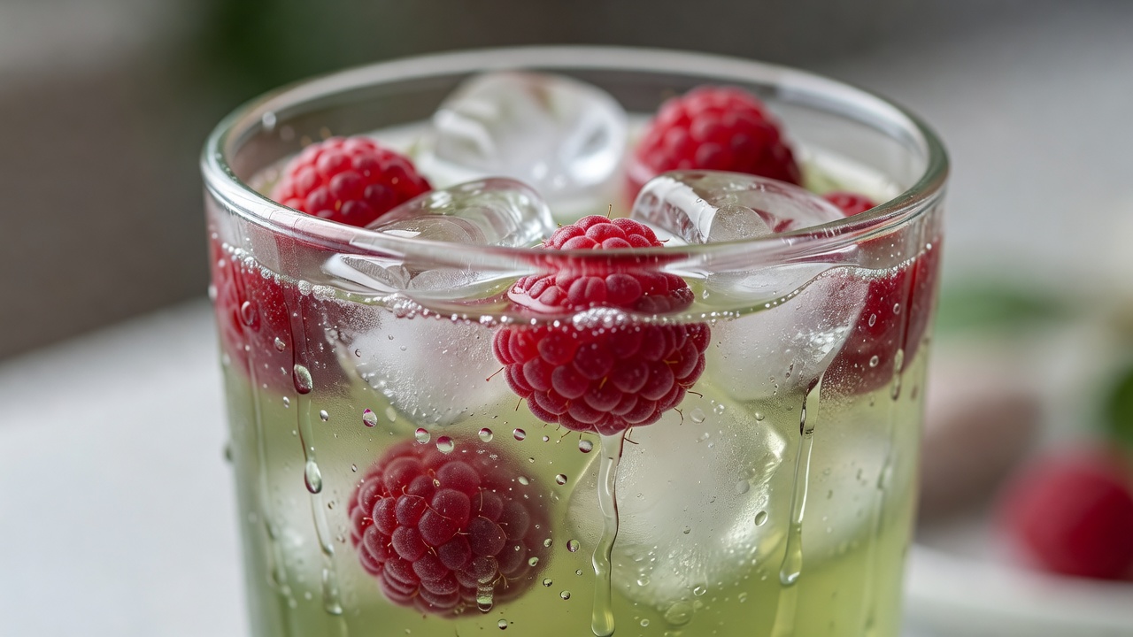 Shallow-focus close-up of raspberries and ice cubes in pale green iced tea, droplets of condensation on the glass