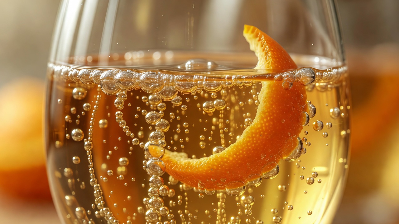 Macro view of fine bubbles clinging to the inside of a glass of golden sparkling tea with a curl of orange peel